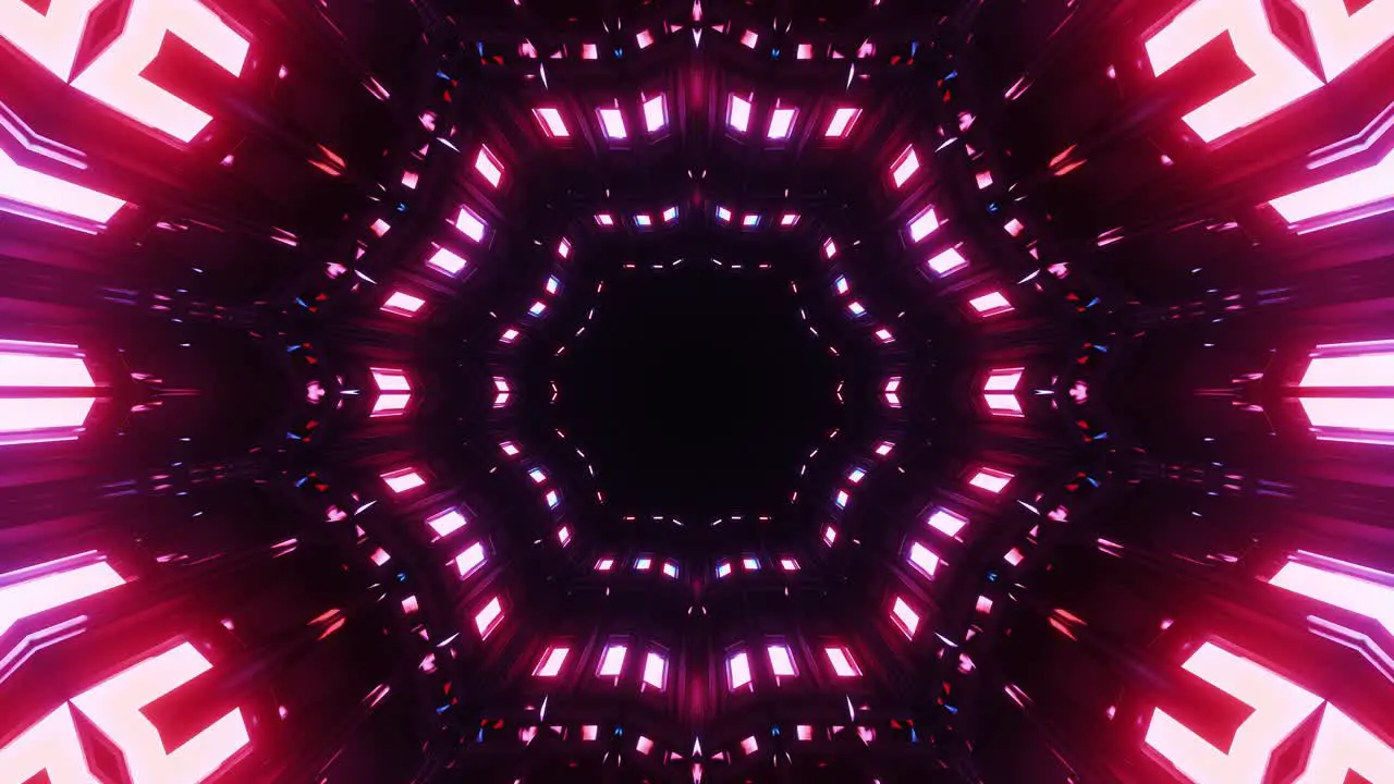 Different color lights in octagon shapes taking you through a light tunnel and giving a three dimensional effect