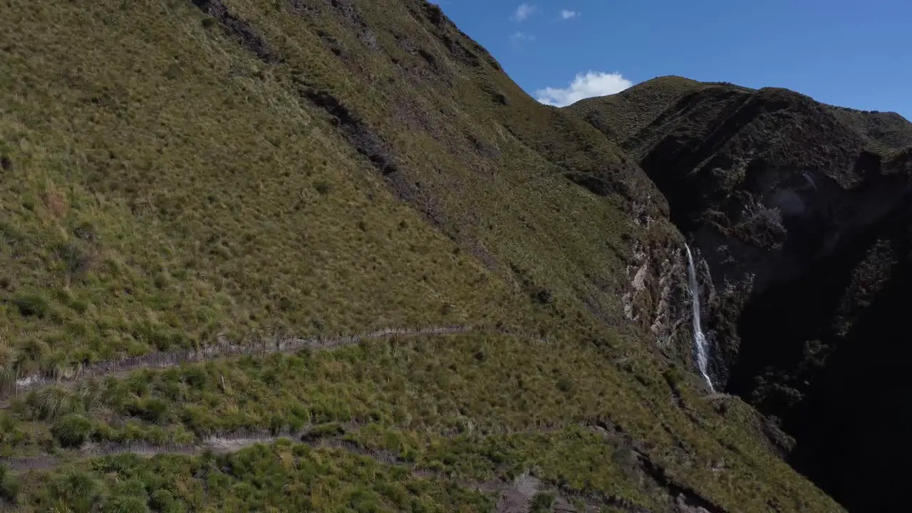 4K drone video Candela Fasso Waterfall surrounded by rocky formations in Cotopaxi Ecuador