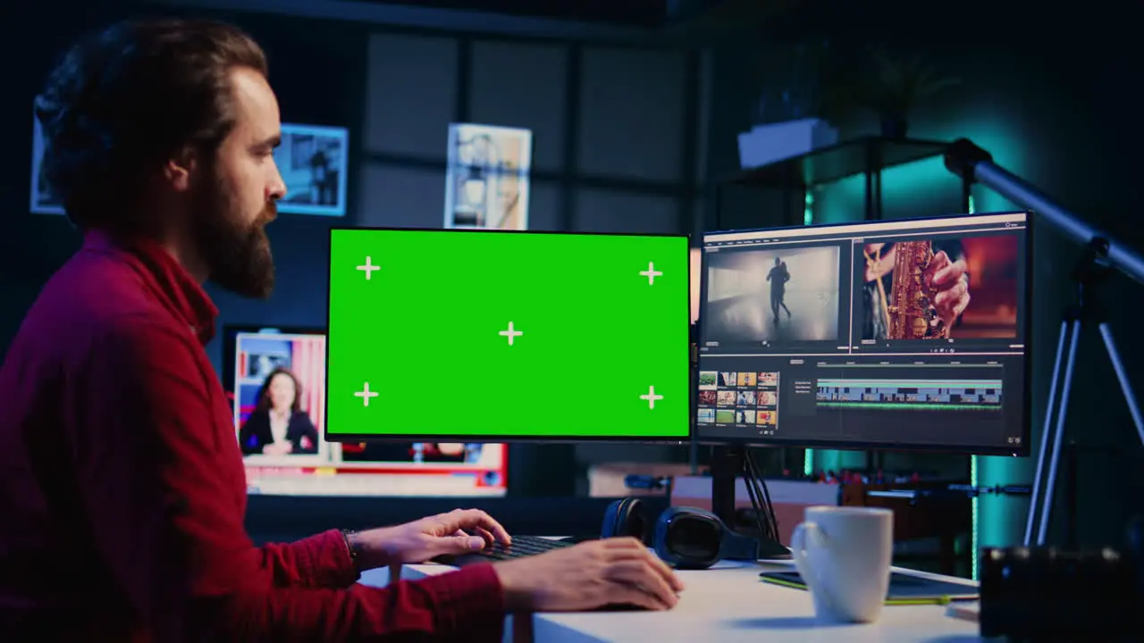 Videographer using professional software on mockup PC to create visual effects for video projects