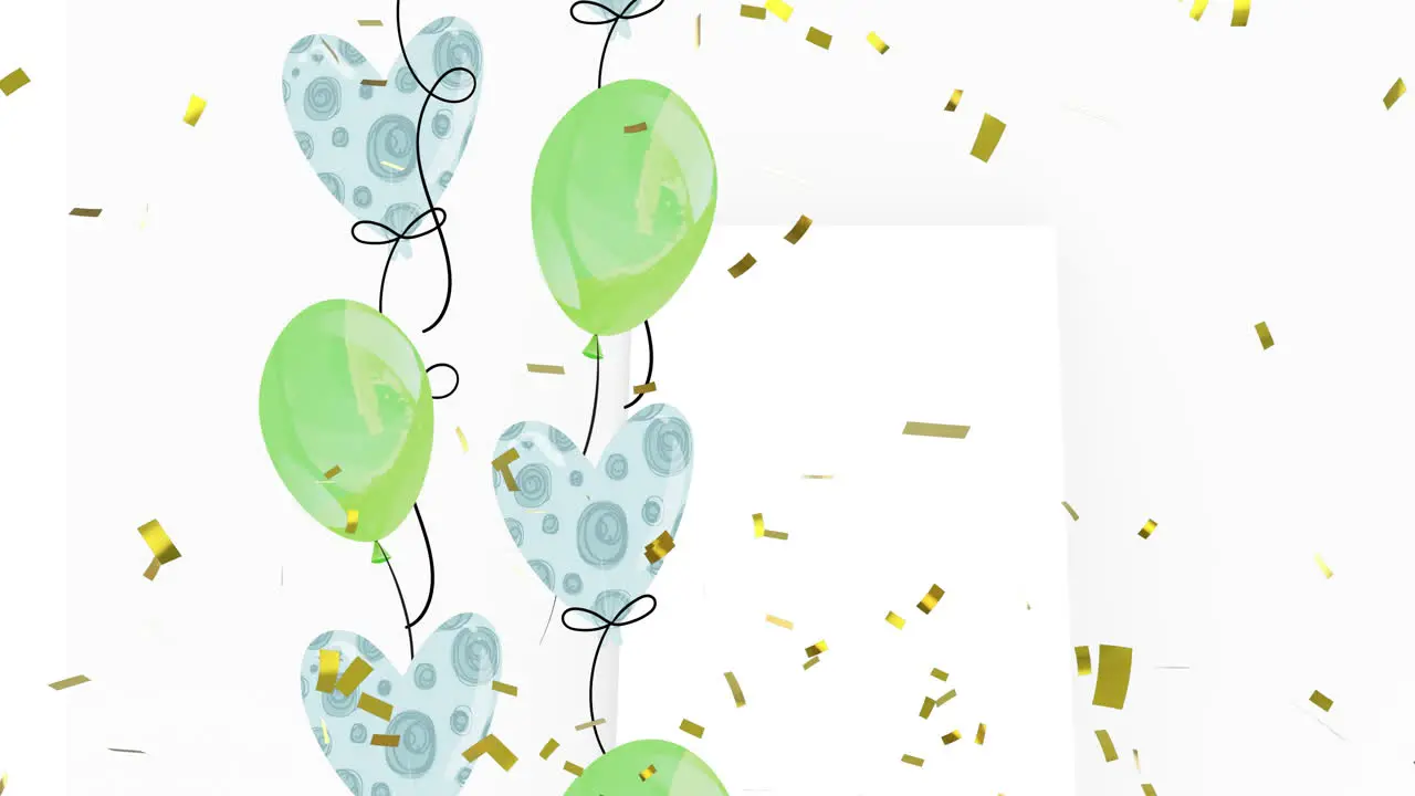 Animation of gold confetti falling with green and blue party balloons over white rectangle on grey