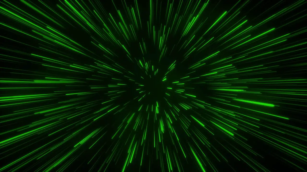 Seamless loop particle light zooming lines tunnel in space air on black background neon glow beam laser abstract 3D animation motion graphics visual effect colourful 4K green