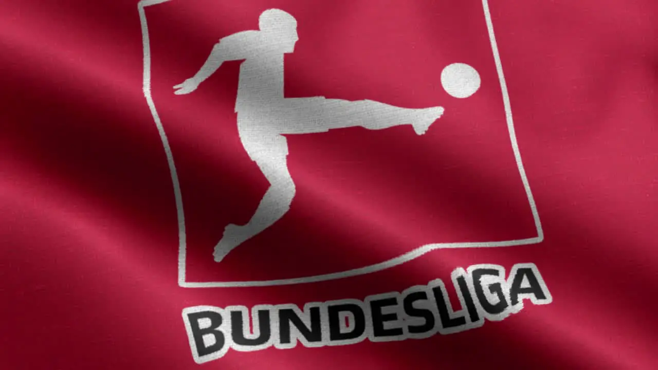 Red 4k closeup animated loop of a waving flag of the Bundesliga Logo