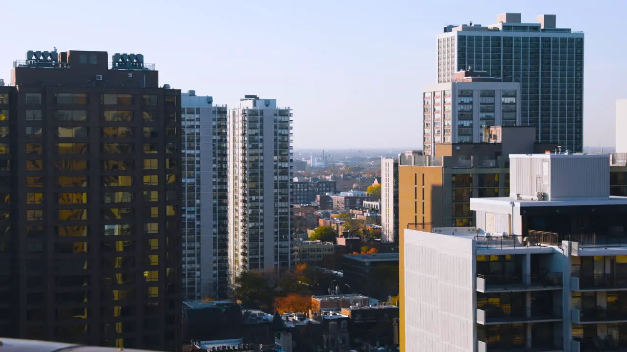 Wide shot of tall apartment buildings near downtown Chicago