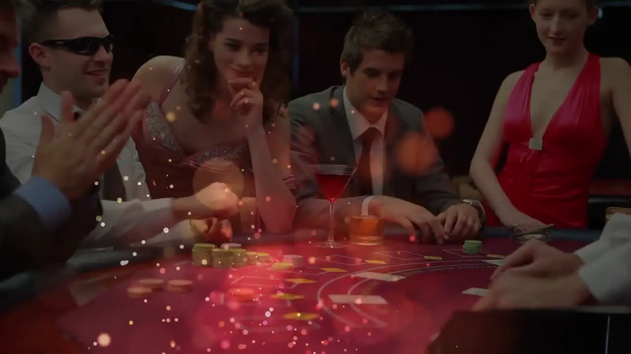 Poker players around a poker table with animation of light effects in the foreground