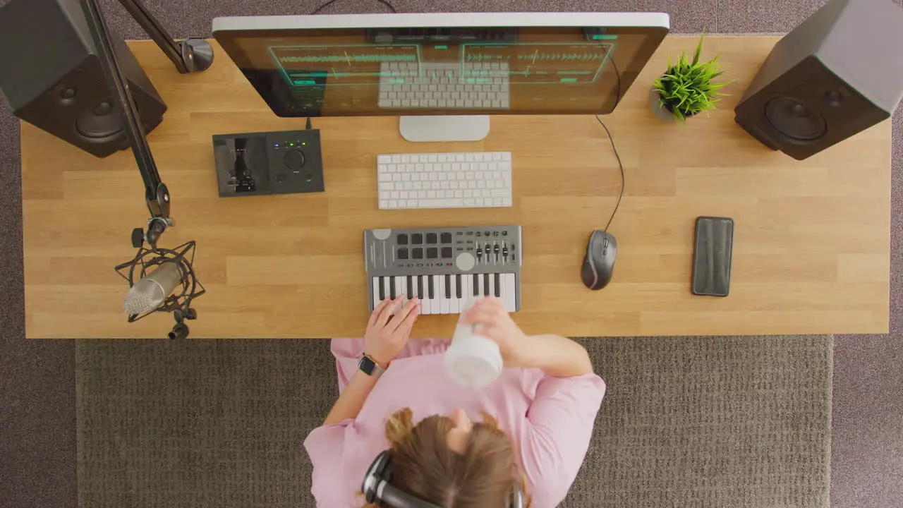 Overhead View Of Female Musician At Workstation With Keyboard And Microphone In Studio