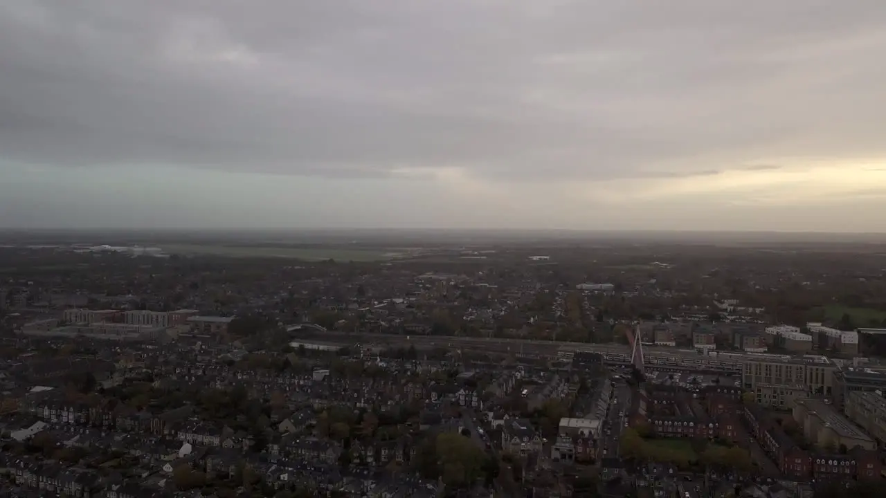 Ibis Cambridge Central Station drone look from sky foggy