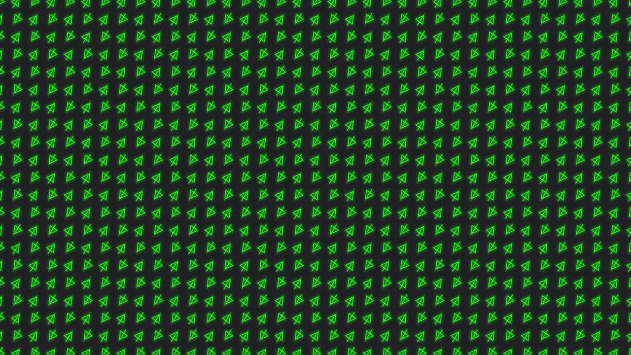 Loopable abstract animated background with small rotating triangles and zig zagging lines tiled on a dark grey background in bright green color scheme