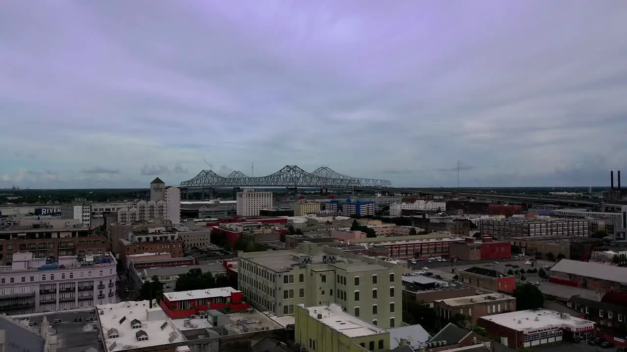 Aerial video of the Mississippi River bridge in New Orleans Louisiana