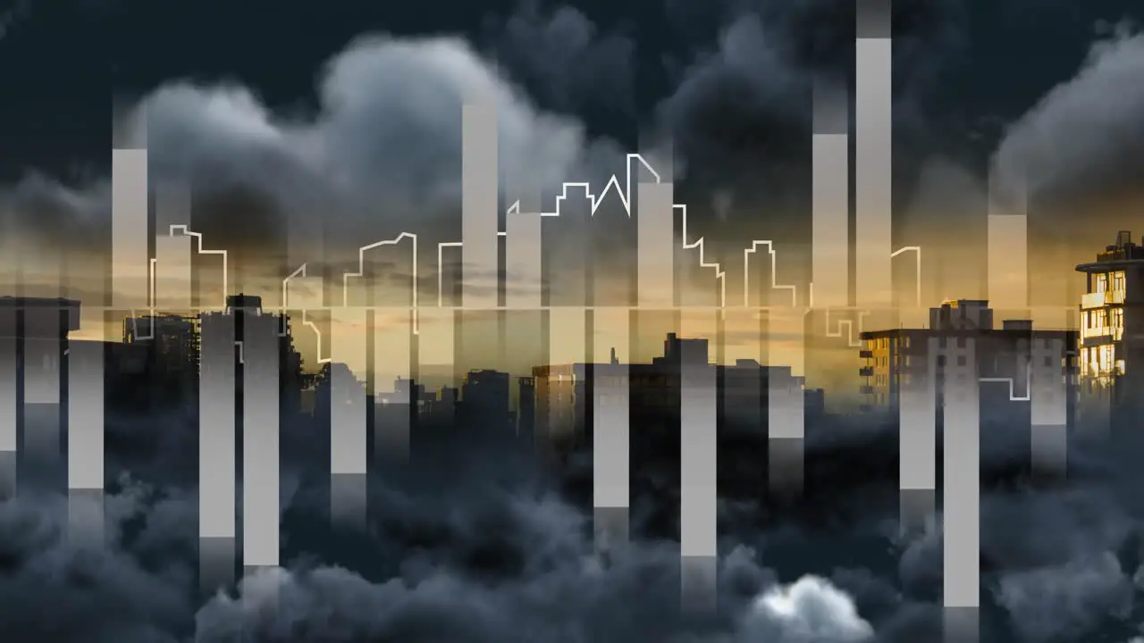 Animation of outline of cityscape with glowing lines over stormy clouds