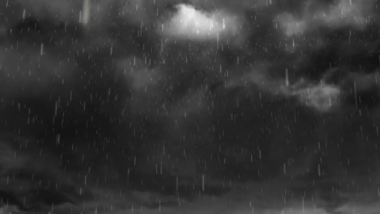 Animation of heavy rain falling over lightning and stormy grey clouds background