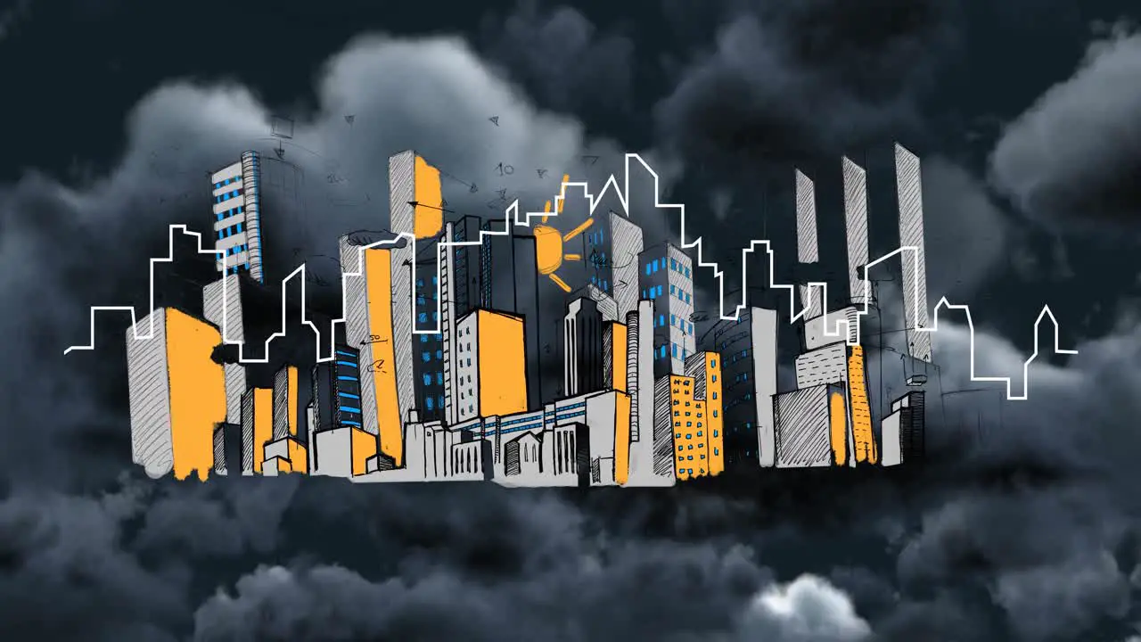 Animation of outline with illustration of cityscape moving over stormy clouds