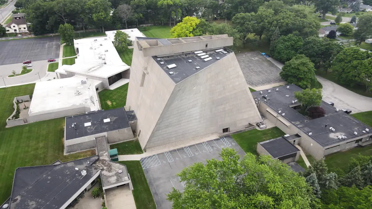 Long rotation pan over brutalist landmark