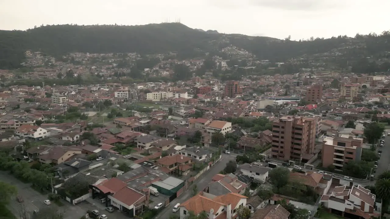 Panning aerial view of the Cuenca city landscape in Ecuador