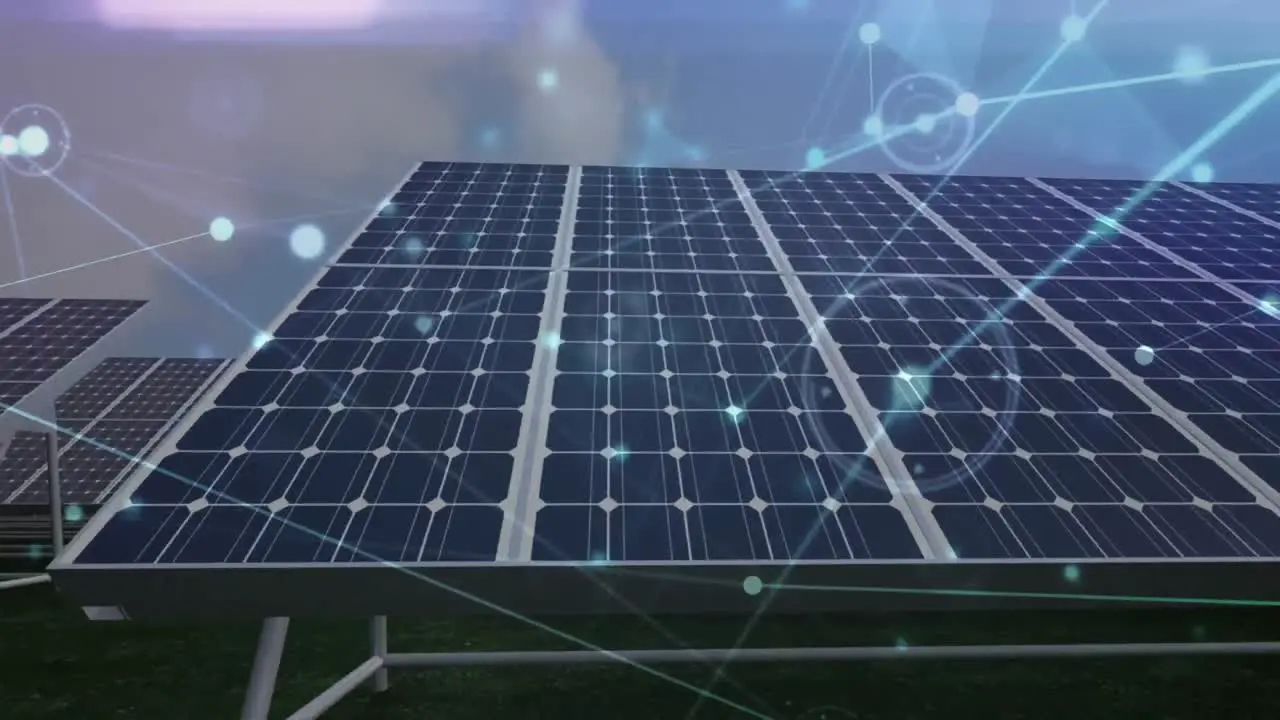 Animation of connected dots over solar panel on green field against cloudy sky