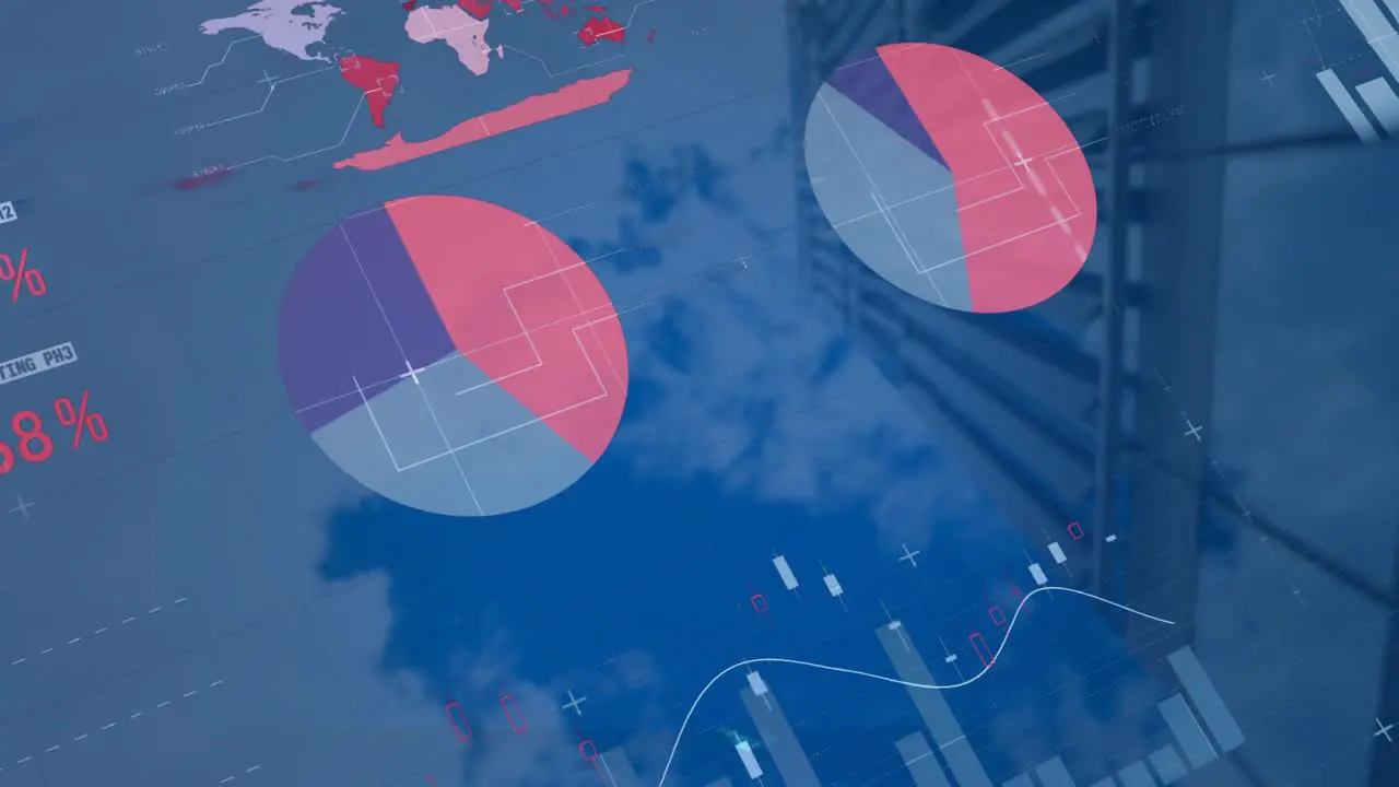 Animation of multicolored infographic interface over low angle view of building against cloudy sky