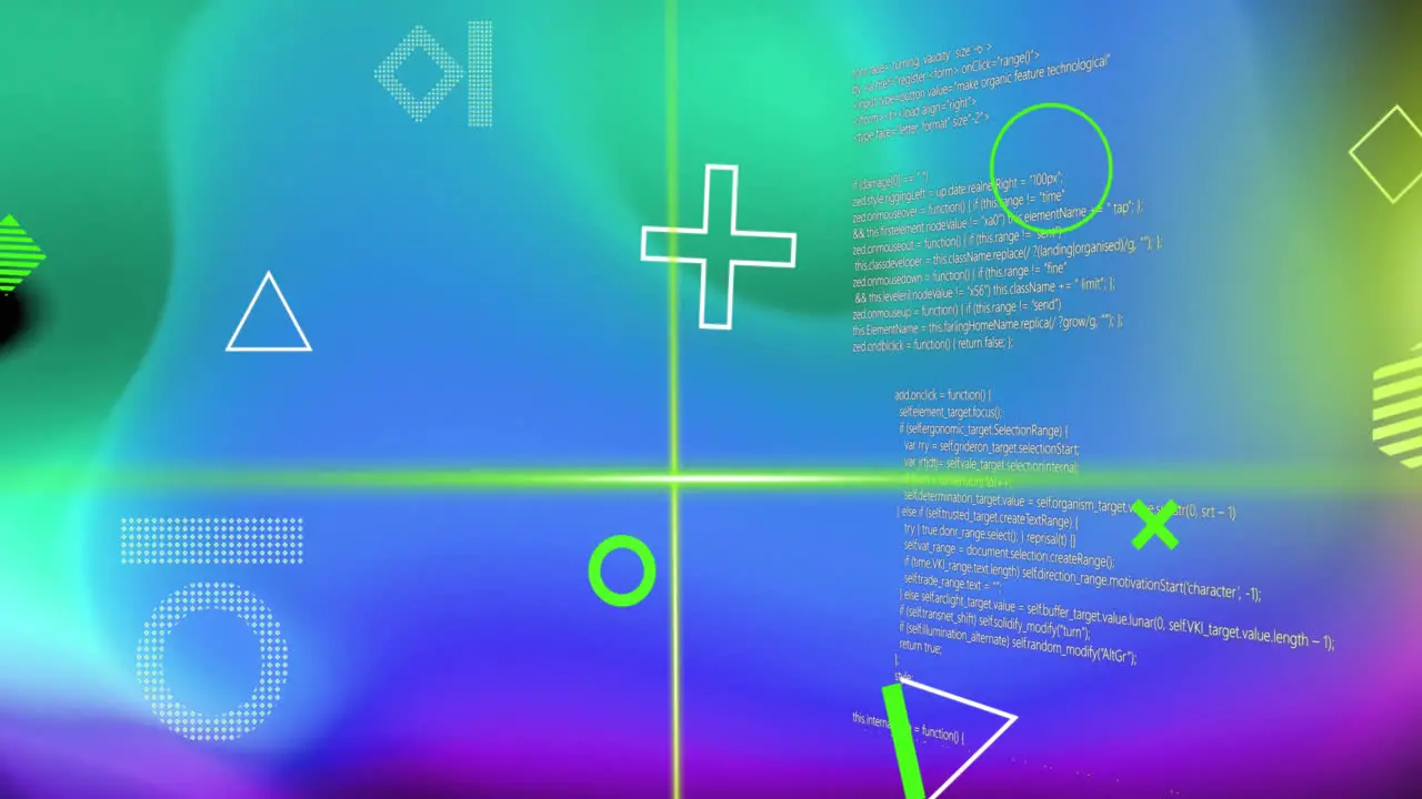 Animation of white shapes and green scanner beams over data processing on blue and green background