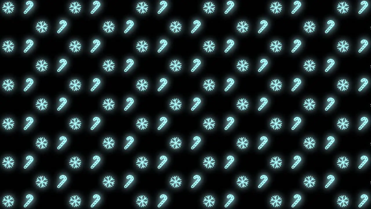 Neon Christmas Pattern Background of Christmas Tree Snowflake Santa Hat and Candy Cane in Cyan and Black Looping animation