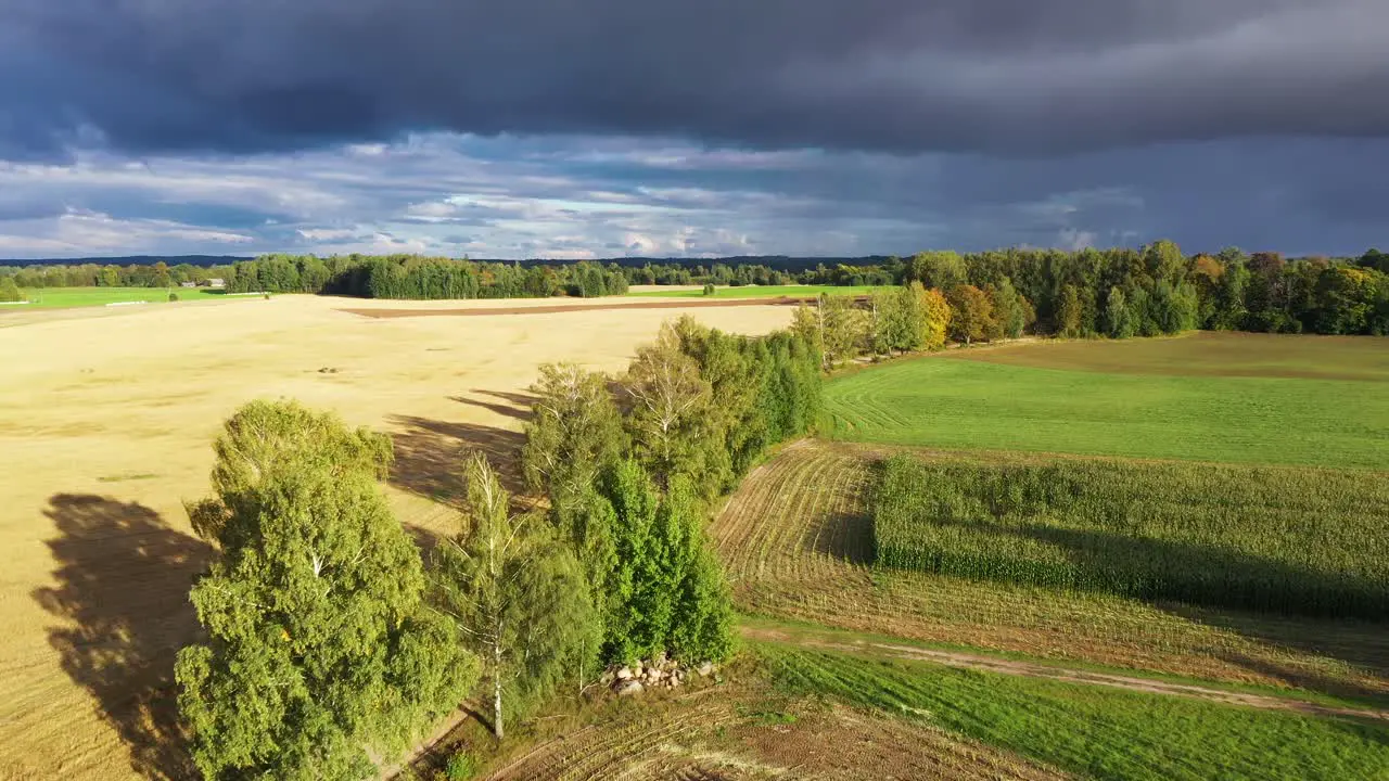 Golden rural farmland fields with massive dangerous stormy clouds above