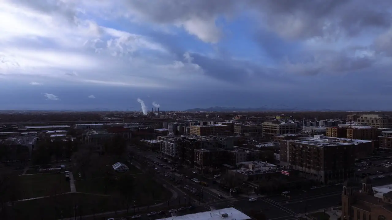 Salt Lake City Utah at dusk during winter aerial view