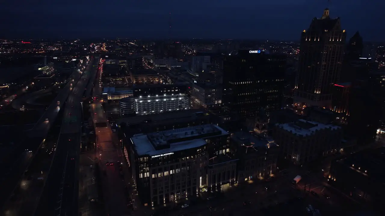 Aerial Shot of Milwaukee Cityscape At Night Time State Of Wisconsin USA