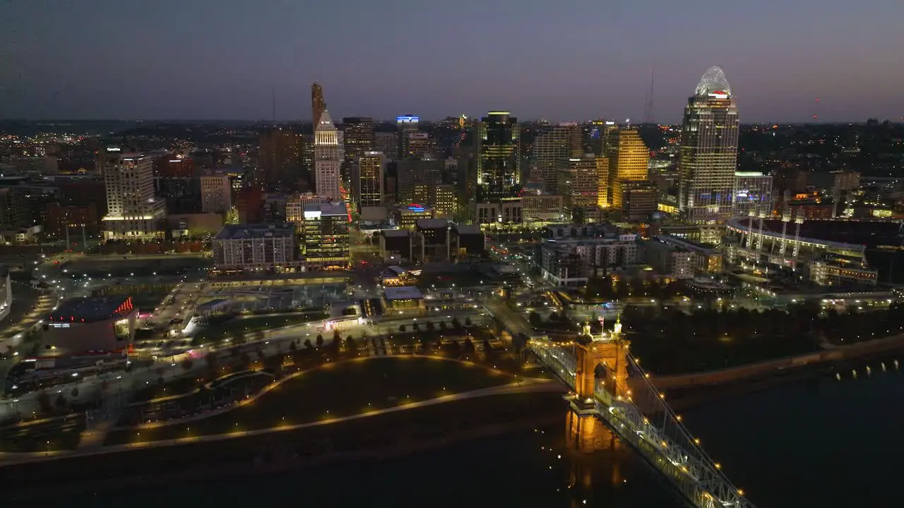 Cincinnati city and the Roebling bridge fall evening in Ohio USA Aerial view