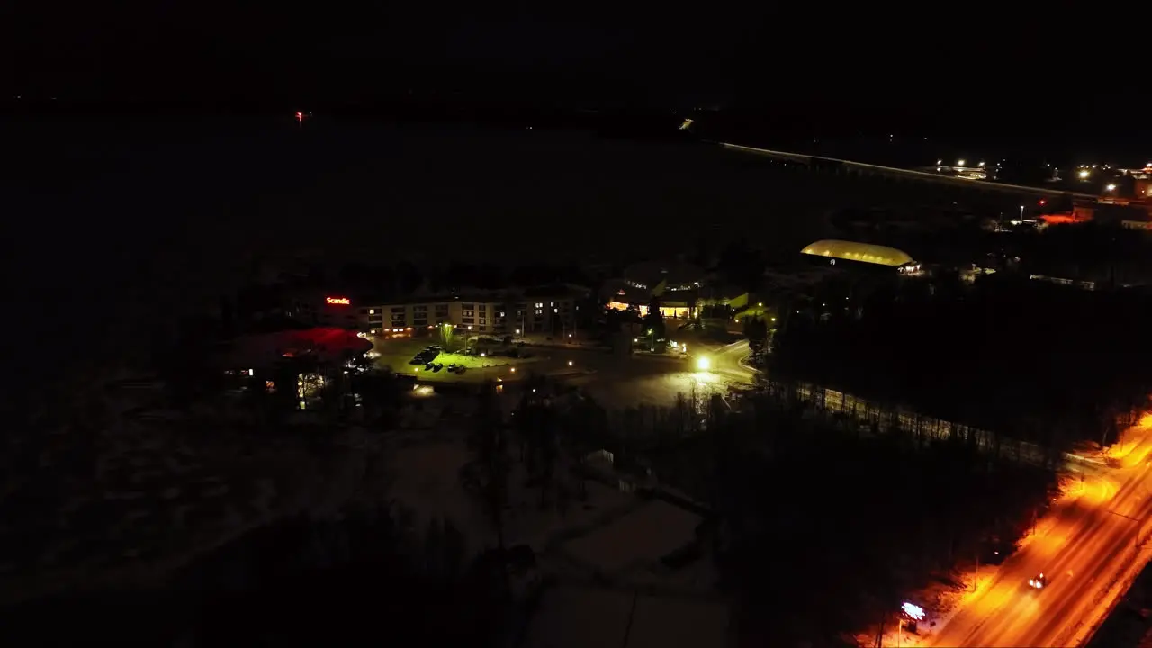 Aerial view toward the Tropiclandia waterpark and hotel night in Vaasa Finland