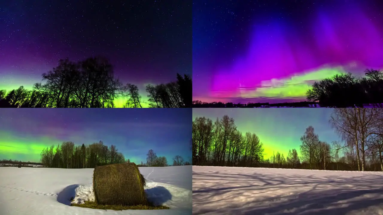 Four split screen winter nighttime time lapses featuring the aurora borealis or northern lights