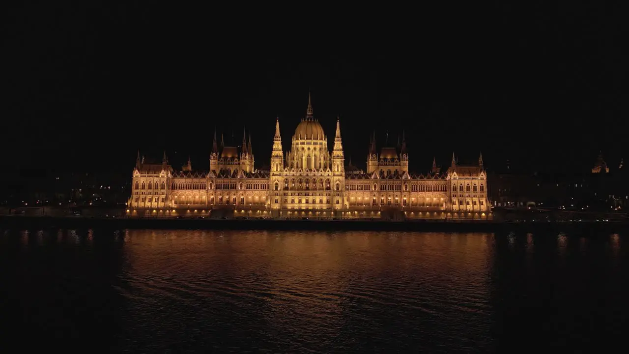 Boom Shot Above Danube River with Hungarian Parliament in Background at Night