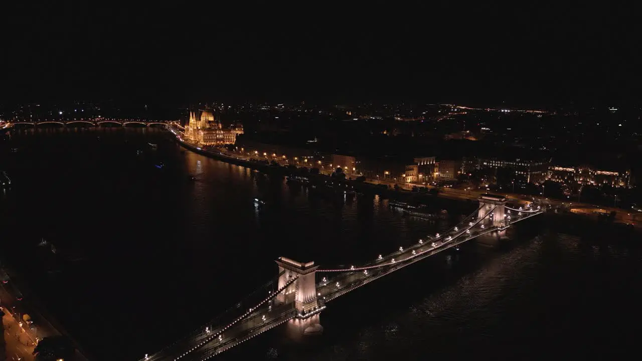 High Drone Shot Above Szechenyi Chain Bridge in Budapest Hungary