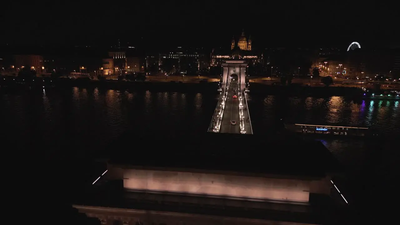 Beautiful Drone Flight Above Szechenyi Chain Bridge at Night