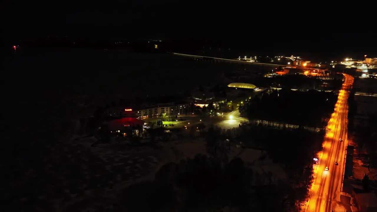 Aerial view around the Tropiclandia waterpark and hotel night in Vaasa Finland