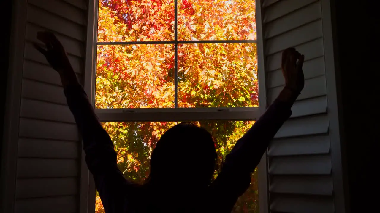 4K footage of an unidentifiable woman enjoying the beautiful colors of autumn foliage outside her window as she does her morning stretch