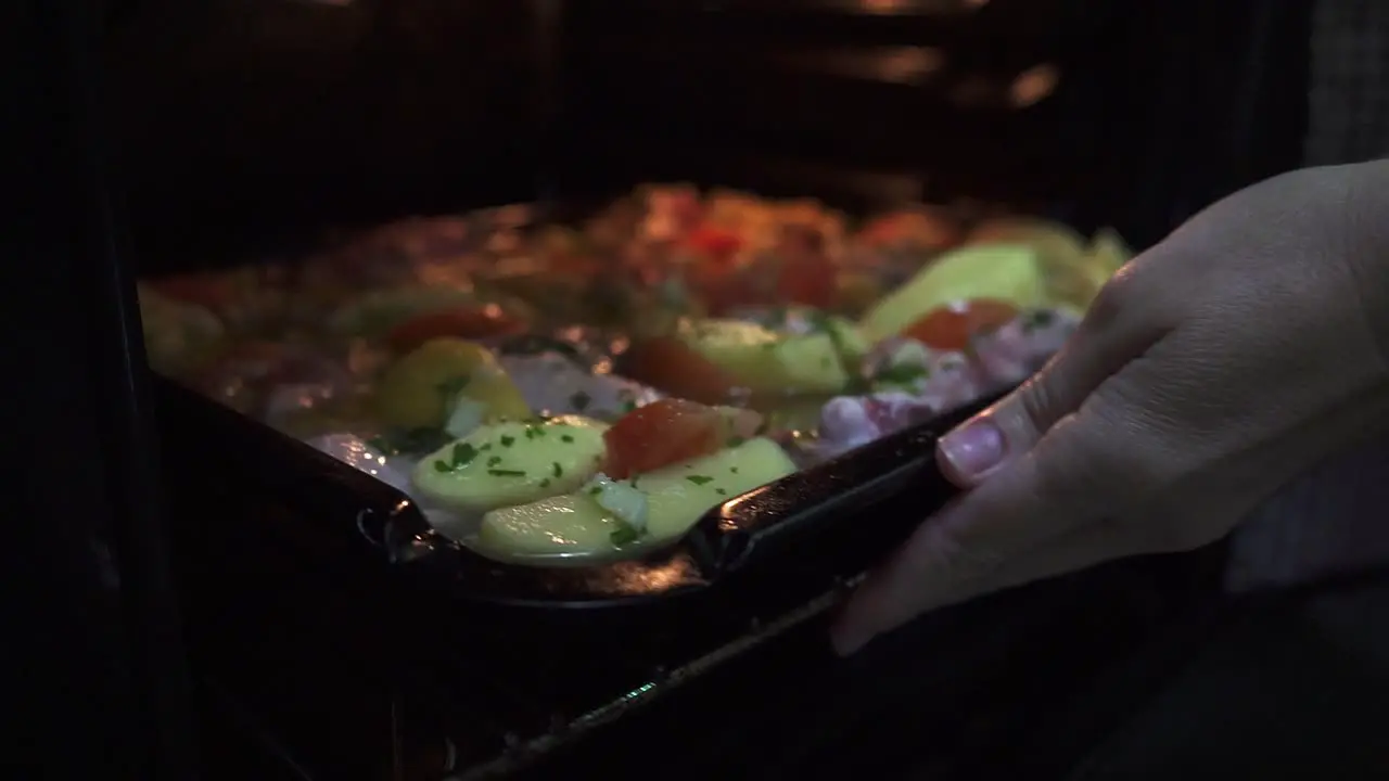 A woman put a roast chicken with potatoes in the traditional oven in a classic kitchen in slow motion