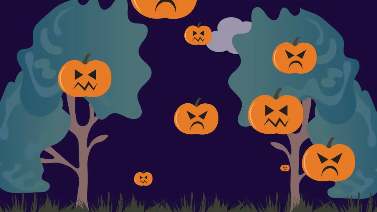 Animation of pumpkins moving over dark blue background with trees