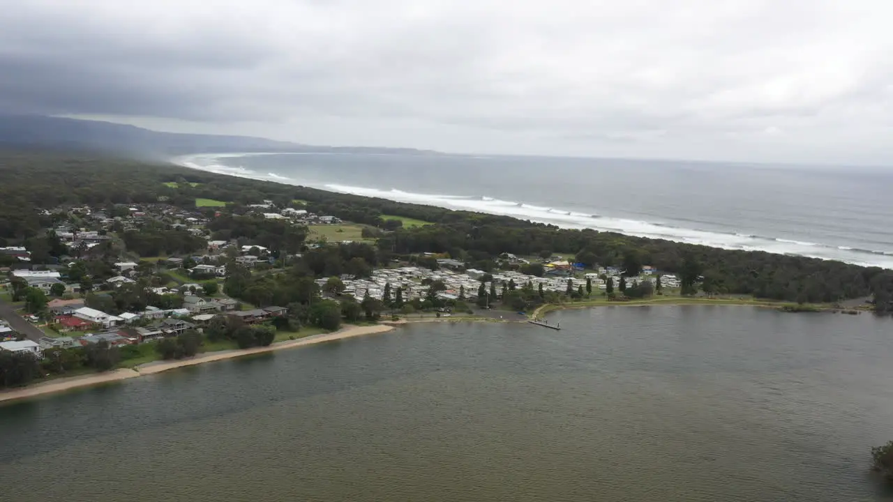 Aerial drone shot of Shoalhaven heads on a stormy day NSW Australia