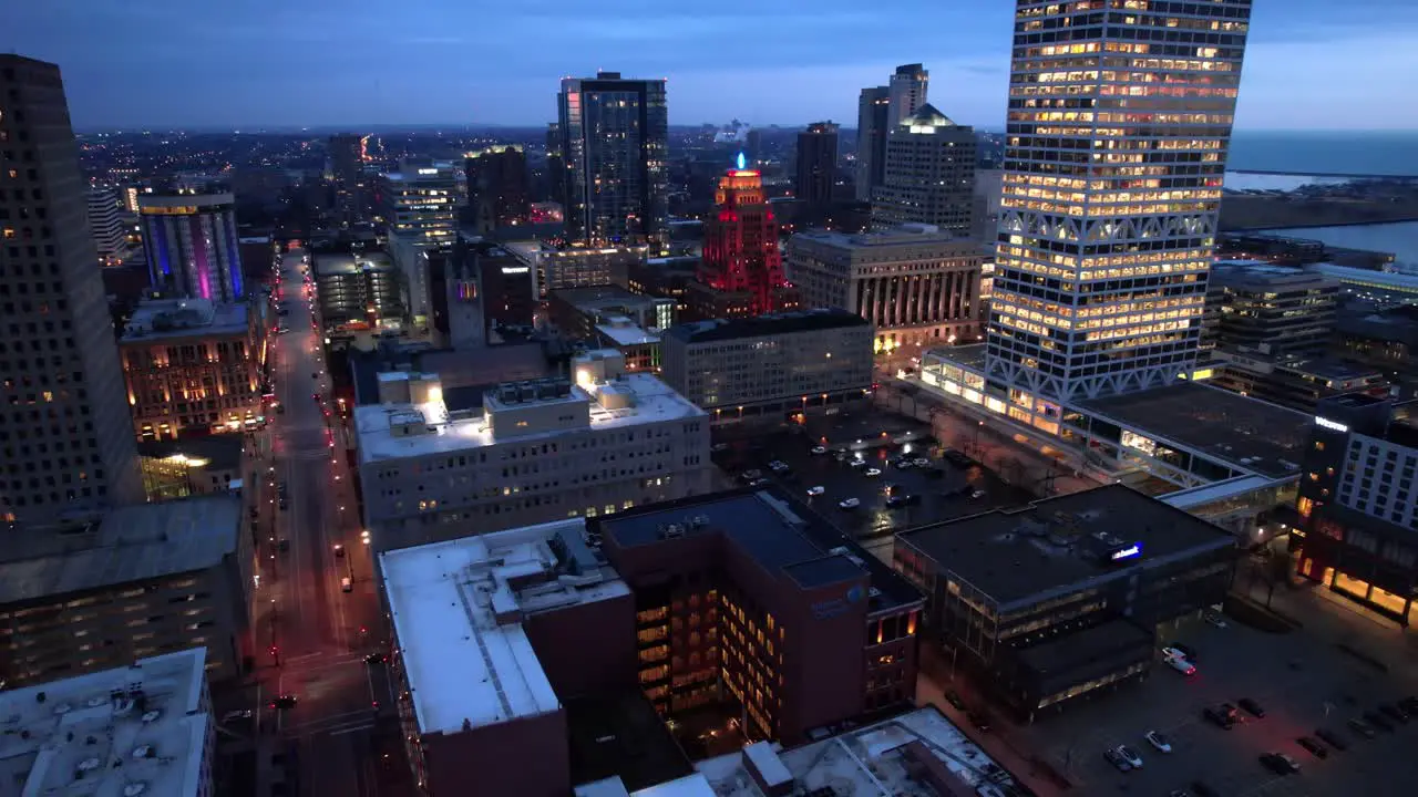 cinematic night shot of milwaukee downtown