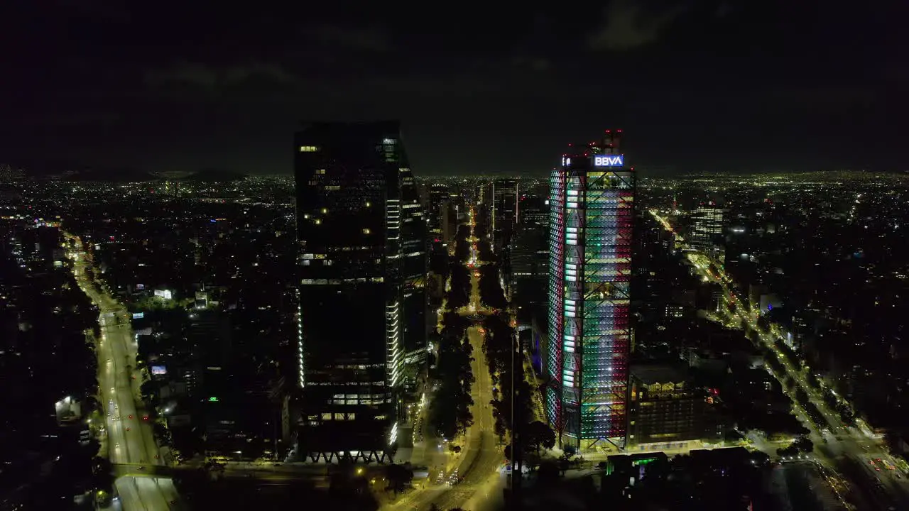 Aerial view towards the illuminated Reforma avenue Independence day night in Mexico city