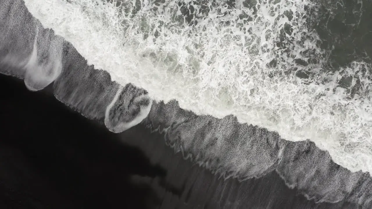 Top down aerial view of waves on Reynisfjara black sand beach in Iceland