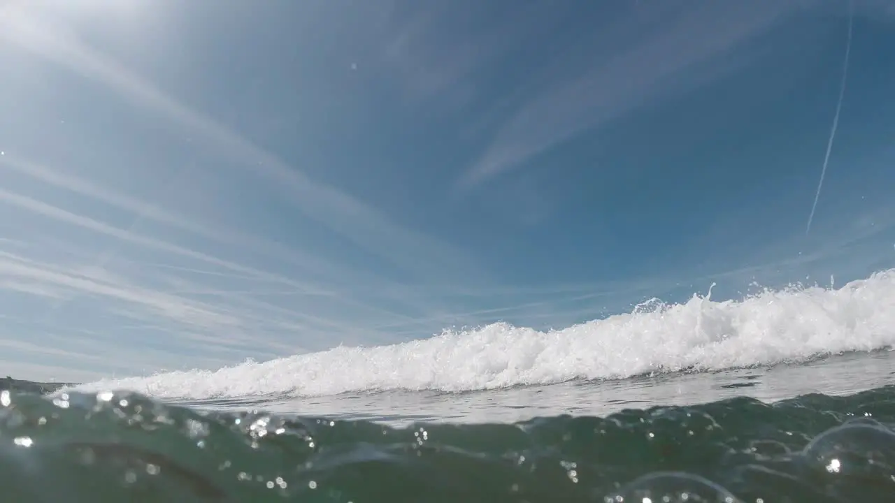 Side View as Waves Break and Camera Goes Underwater