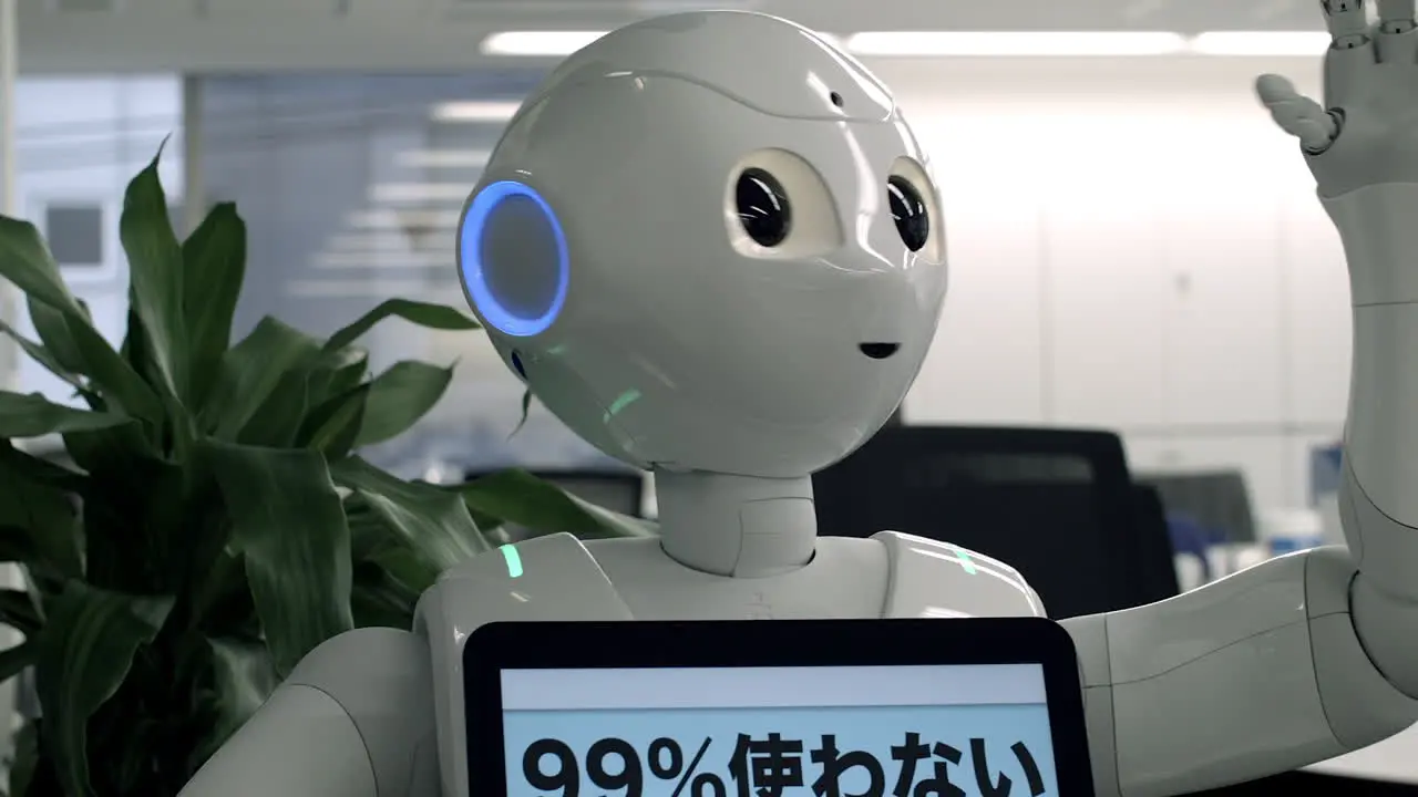 Pepper robot lifts hands and shaking head