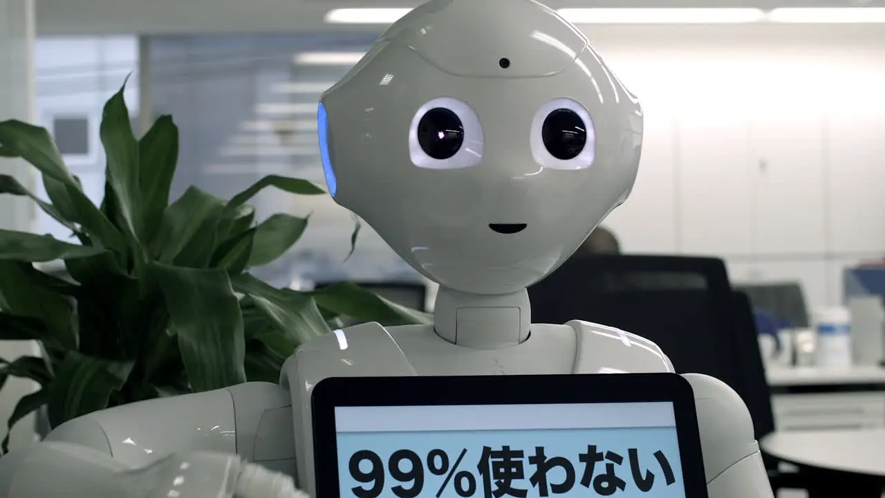 Pepper Robot Assistant with Information screen at an office showing the display with the information