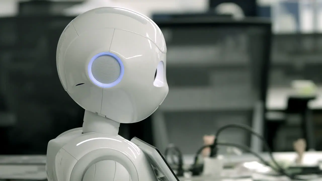 Pepper robot moving forward inside a work space of an office in Tokyo Japan