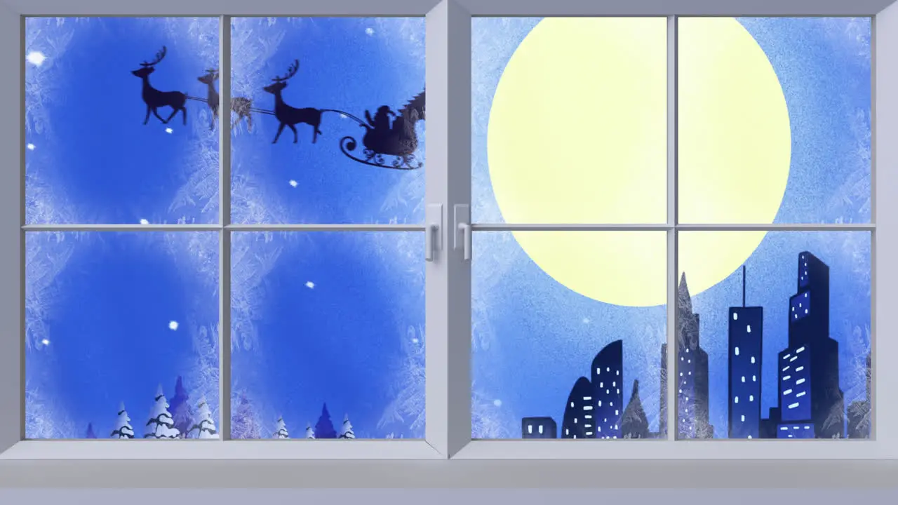 Digital animation of window frame against silhouette of santa claus in sleigh