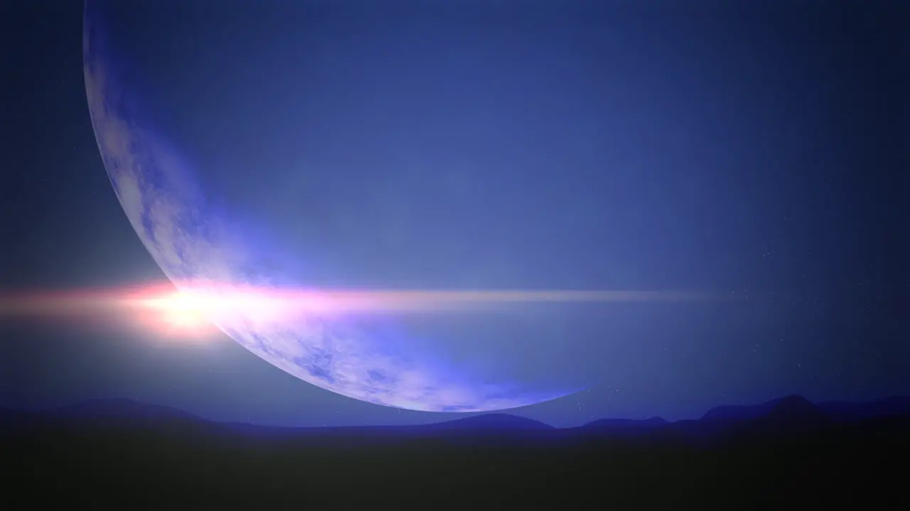 Flash of star and big blue planet with mountains landscape in space