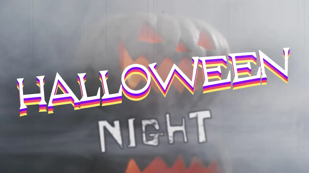 Animation of halloween text over carved pumpkin on grey background