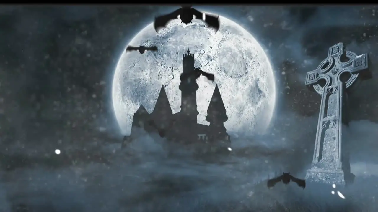 Animation of bats flying over full moon over castle and cross distressed background