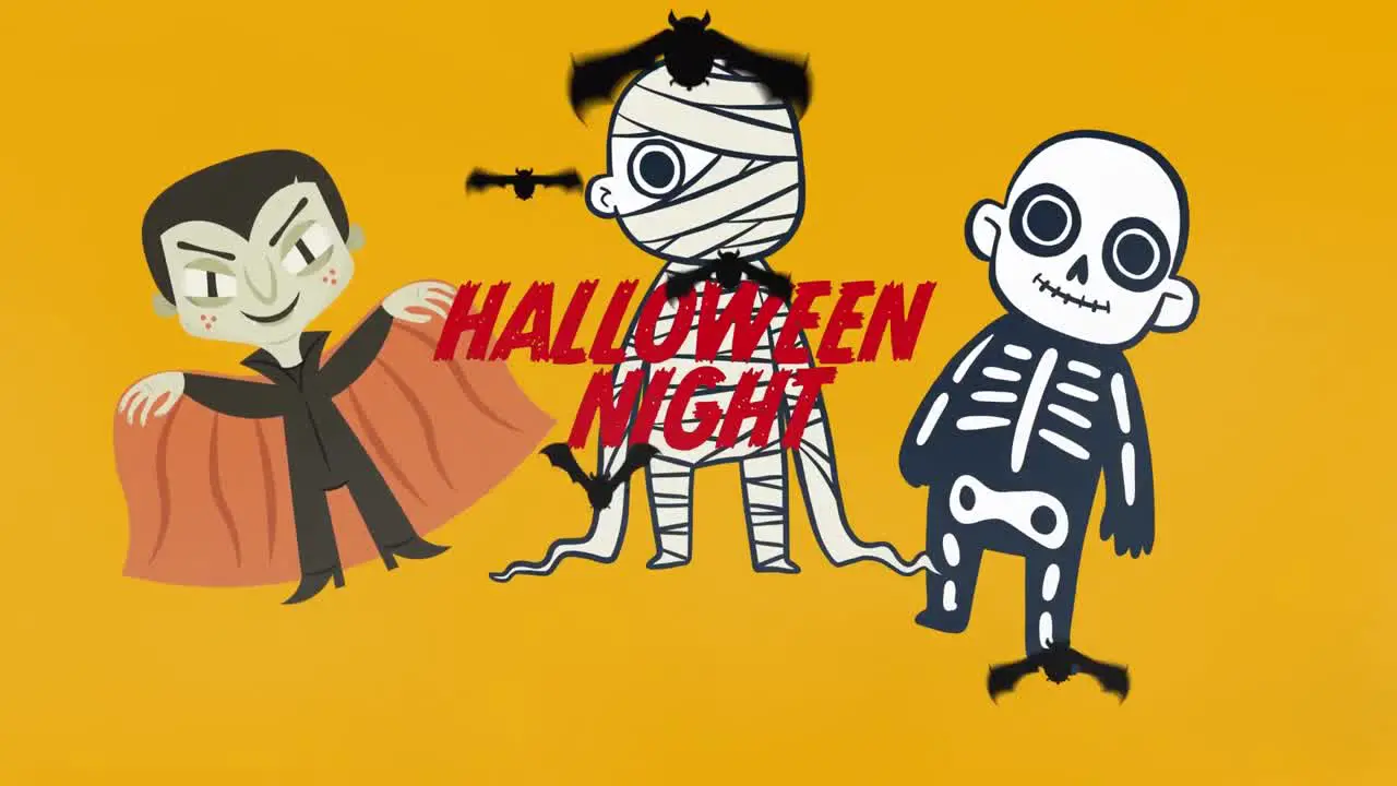 Animation of halloween night bats mummy zombie and skeleton on yellow background