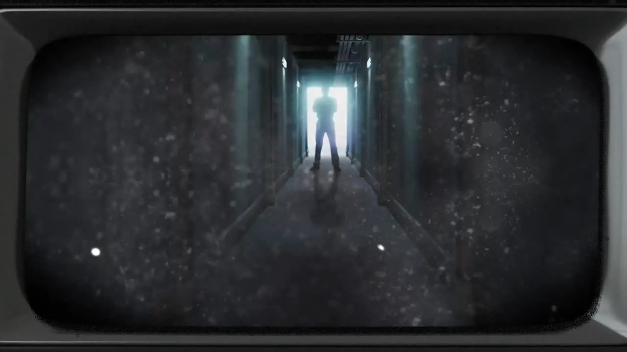 Animation of damaged film of scary backlit figure in doorway at end of dark corridor