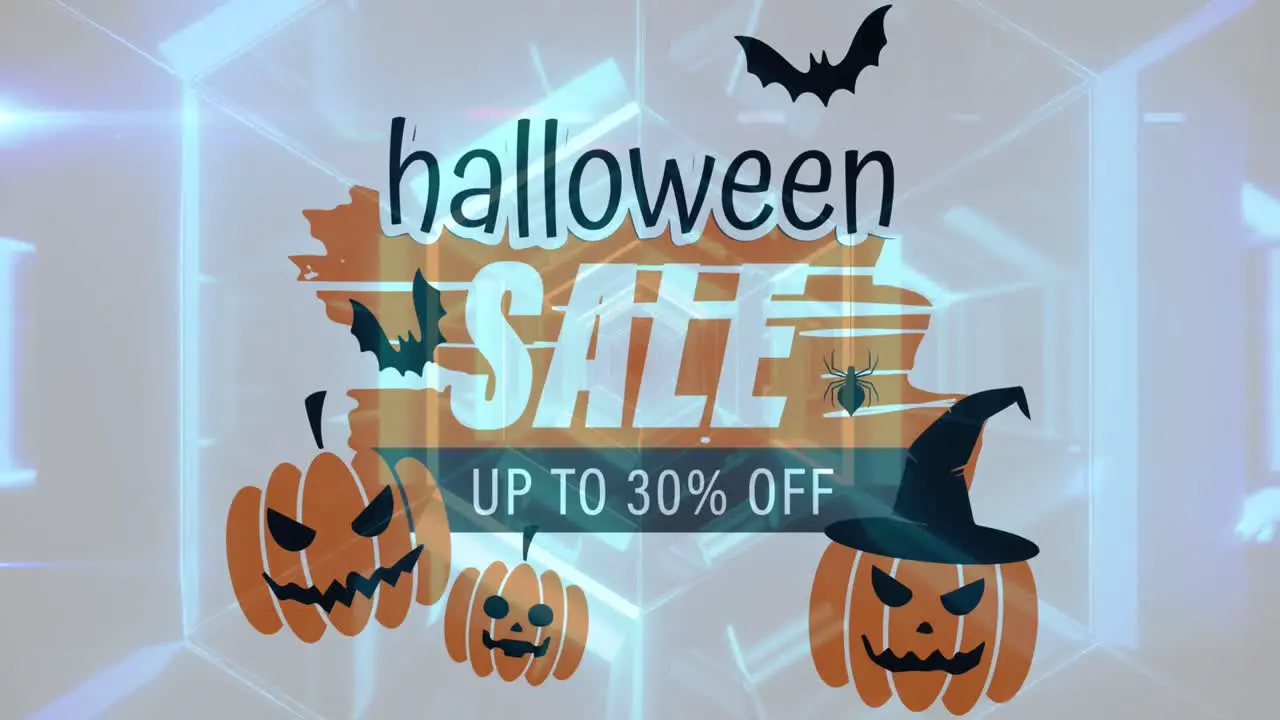 Halloween sale text banner with scary pumpkin and bats icons against glowing blue tunnel