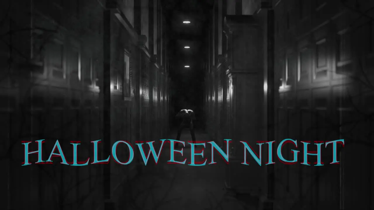 Animation of halloween night text over scary zombie figure in dark corridor holding head in pain